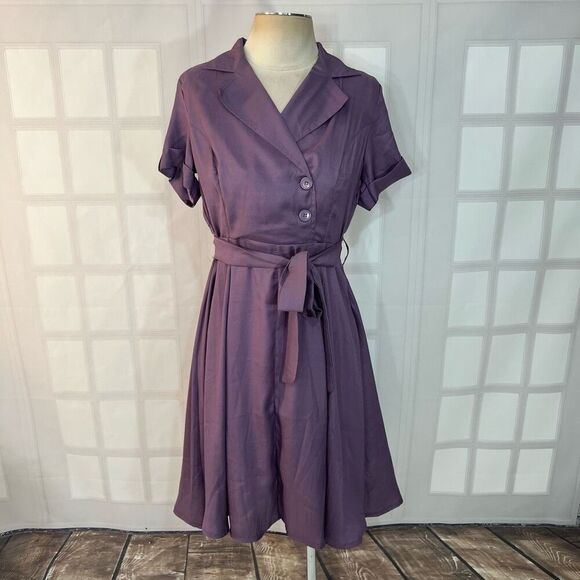VENUS Dresses & Skirts - Venus Purple Collared Retro Vibe Tie Waist Short Sleeve Shirt Dress Size 8